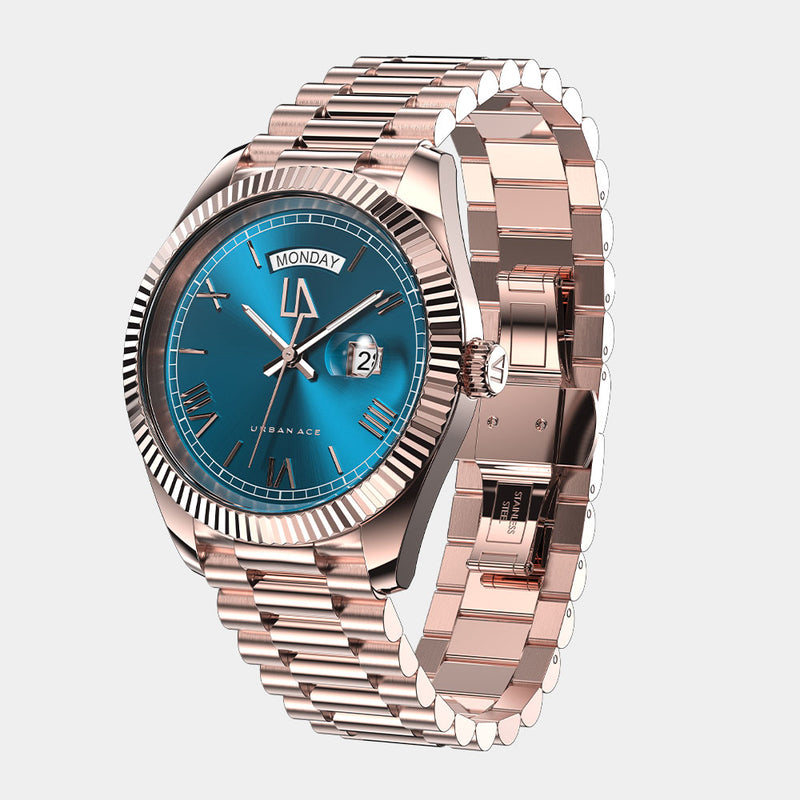 Zephyr rose goud met blauw horloge