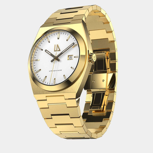 Witte wijzerplaat op gouden horloge